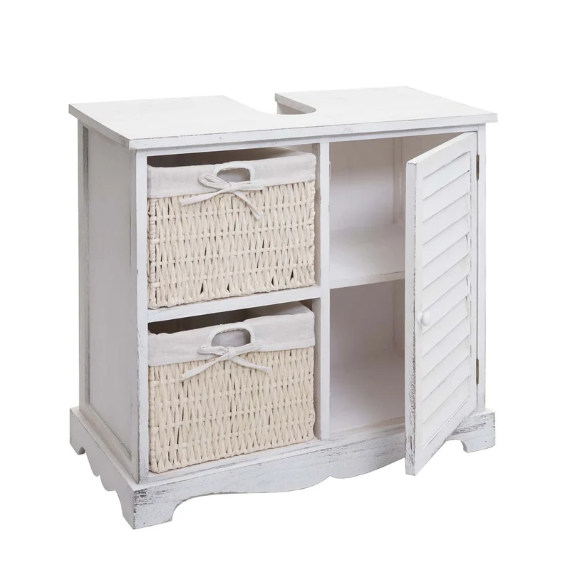 Meuble sous lavabo sous-vasque avec tiroirs panier en bois blanc vieilli 60x65x31 cm 04_0007844