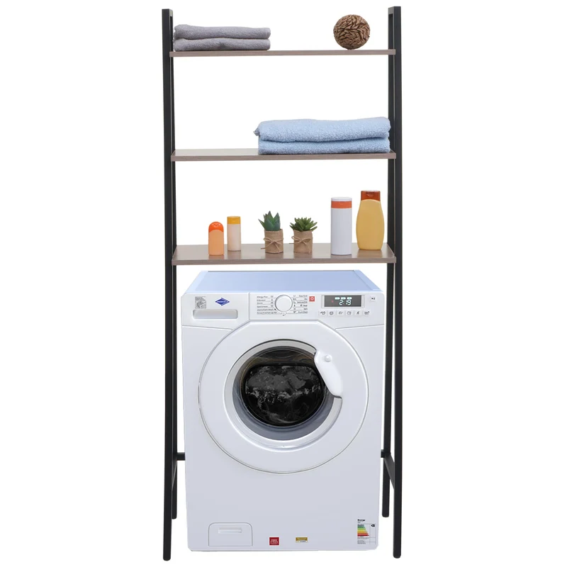 Étagère sur pied pour salle de bain étagère pour machine à laver échelle design industrielle bois gris-marron et métal 155x64x25 cm 04_0008695