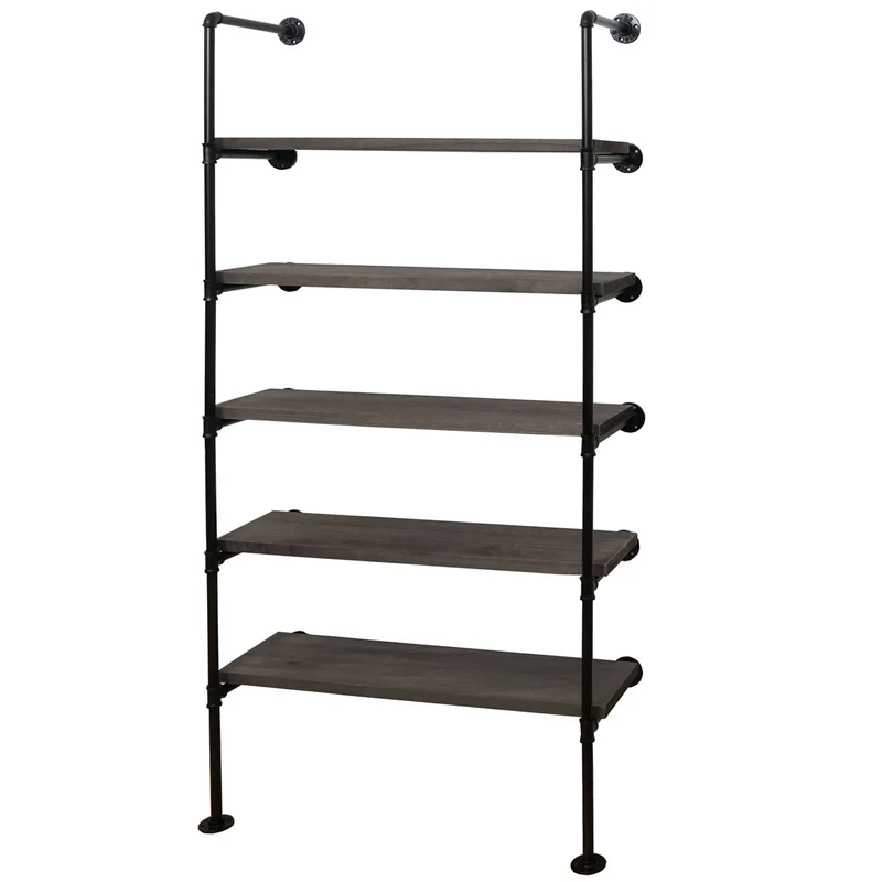 Étagère sur pied bibliothèque rangement design industriel en bois gris-marron et métal 165x80x28 cm 04_0008691