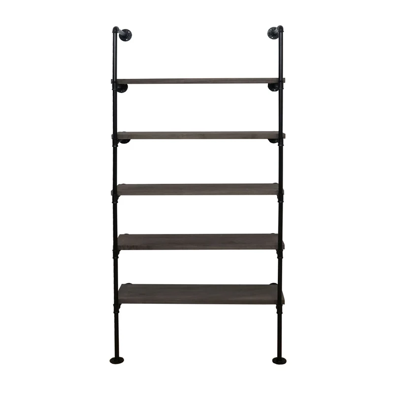 Étagère sur pied bibliothèque rangement design industriel en bois gris-marron et métal 165x80x28 cm 04_0008691