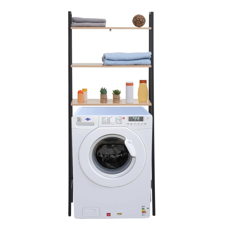 Étagère sur pied pour salle de bain étagère pour machine à laver échelle design industrielle bois clair et métal 155x64x25 cm 04_0008693