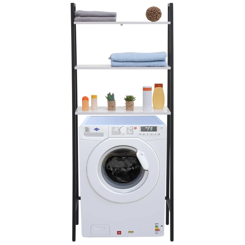 Étagère sur pied pour salle de bain étagère pour machine à laver échelle bois aspect marbre blanc et métal 155x64x25 cm 04_0008694