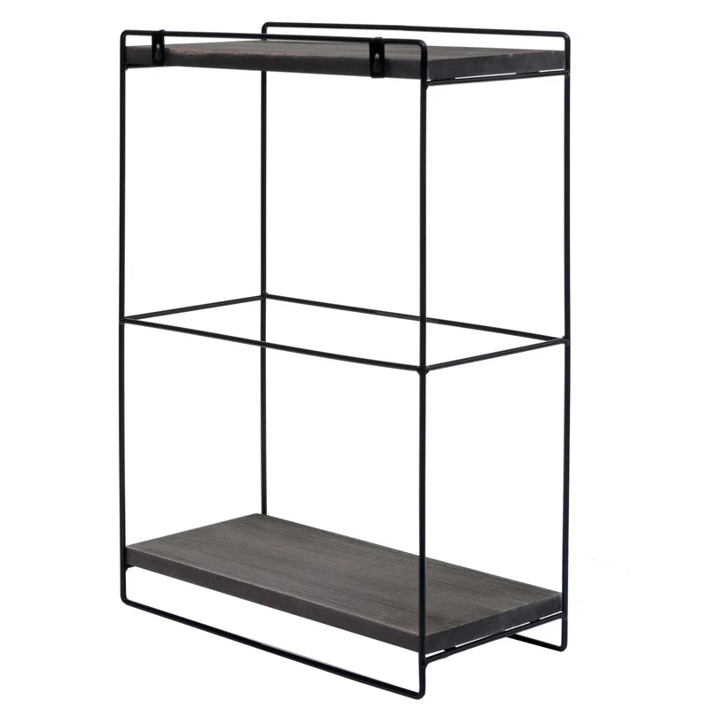 Étagère murale suspendue étagère de cuisine en bois gris foncé et métal design industriel 2 étagères 50x35x17 cm 04_0008669
