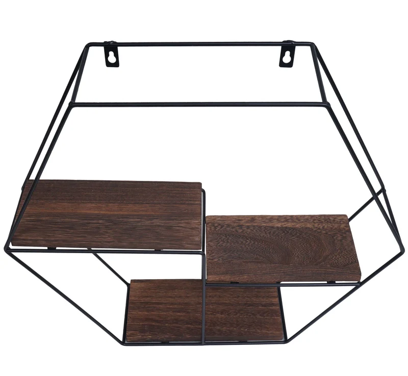 Étagère murale suspendue 3 étagères en métal et bois marron foncé design industriel 43x49x11 cm 04_0008658