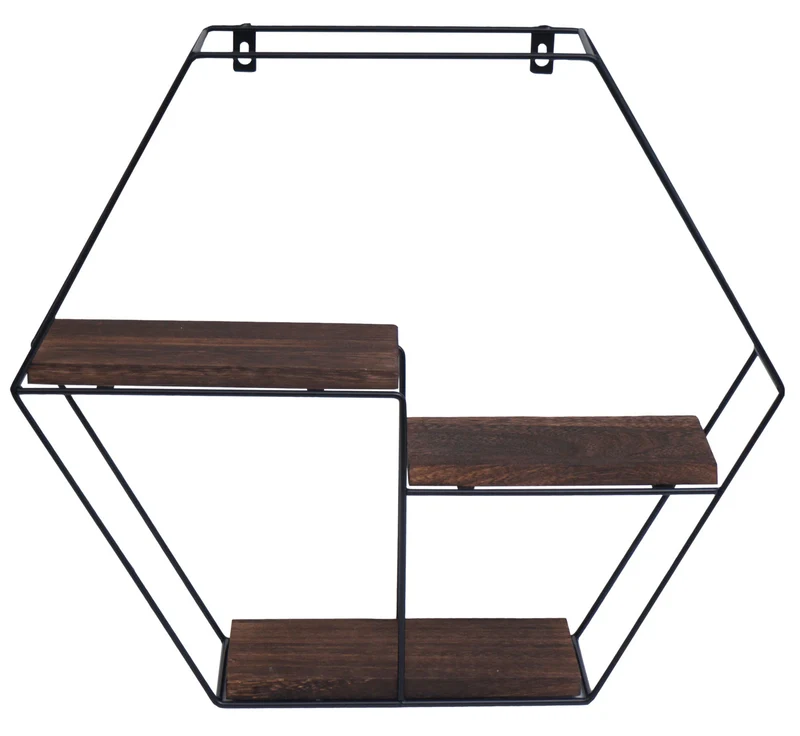 Étagère murale suspendue 3 étagères en métal et bois marron foncé design industriel 43x49x11 cm 04_0008658