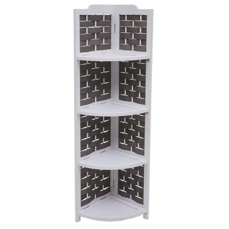 Étagère d'angle avec 4 niveaux en bois de paulownia 110 cm treillis décoratif en polyéthylène blanc anthracite 04_0008638
