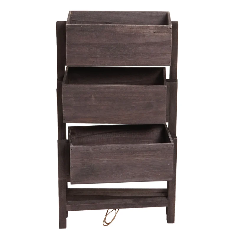Étagère à plantes sur pied support à fleurs trois paniers jardinière 65x108x15 cm bois aspect vieilli vintage gris-brun 04_0008699