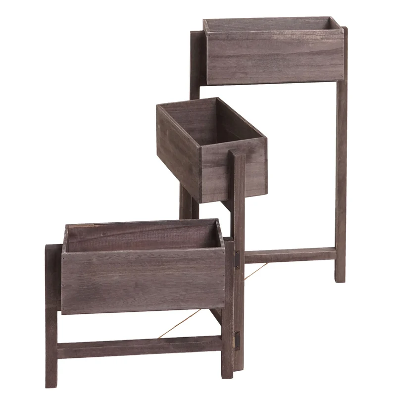 Étagère à plantes sur pied support à fleurs trois paniers jardinière 65x108x15 cm bois aspect vieilli vintage gris-brun 04_0008699