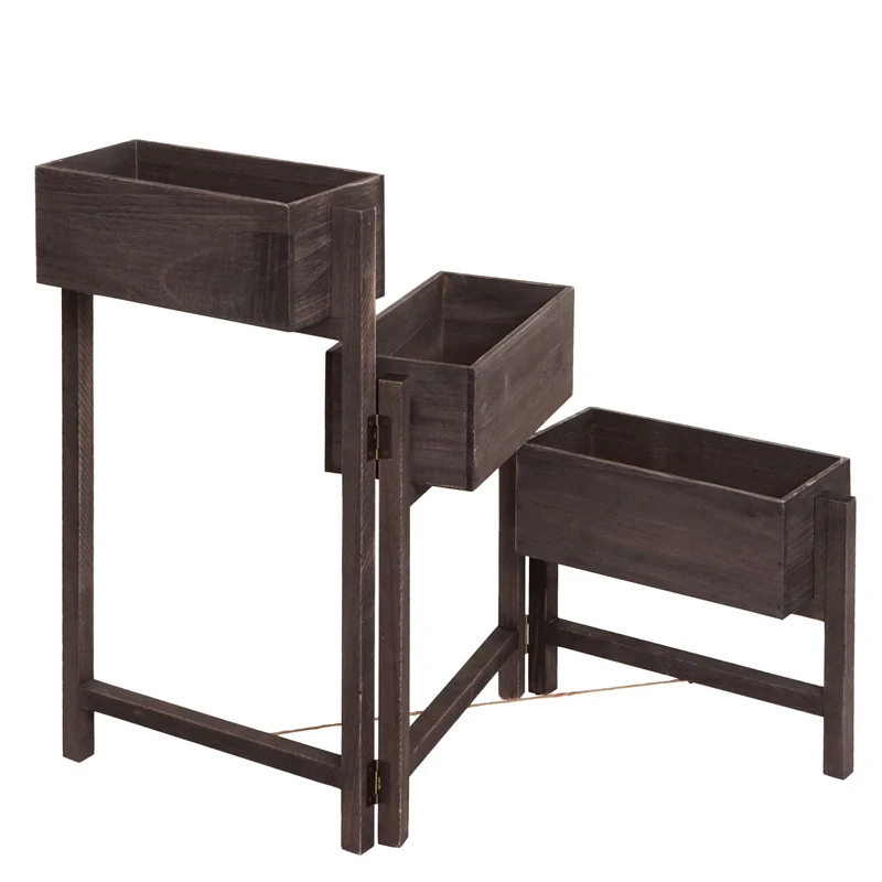 Étagère à plantes sur pied support à fleurs trois paniers jardinière 65x108x15 cm bois aspect vieilli vintage gris-brun 04_0008699