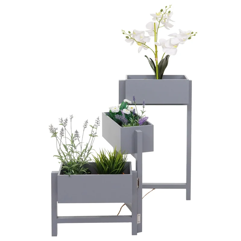 Étagère à plantes sur pied support à fleurs trois paniers jardinière 65x108x15 cm bois aspect vieilli vintage gris-bleu 04_0008698