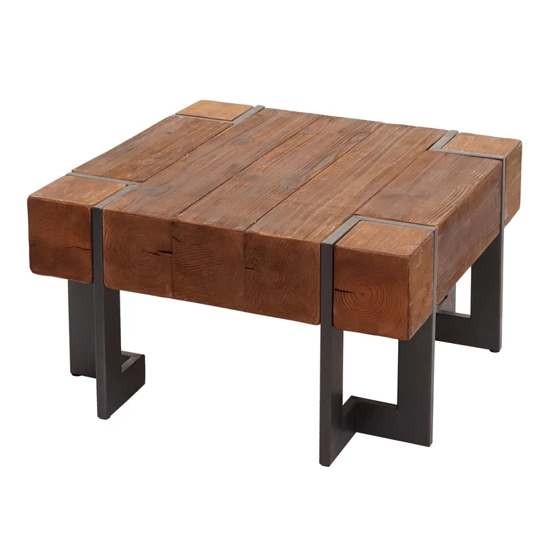 Table basse table de salon en bois de sapin marron pieds en métal 70 x 70 cm 04_0008418