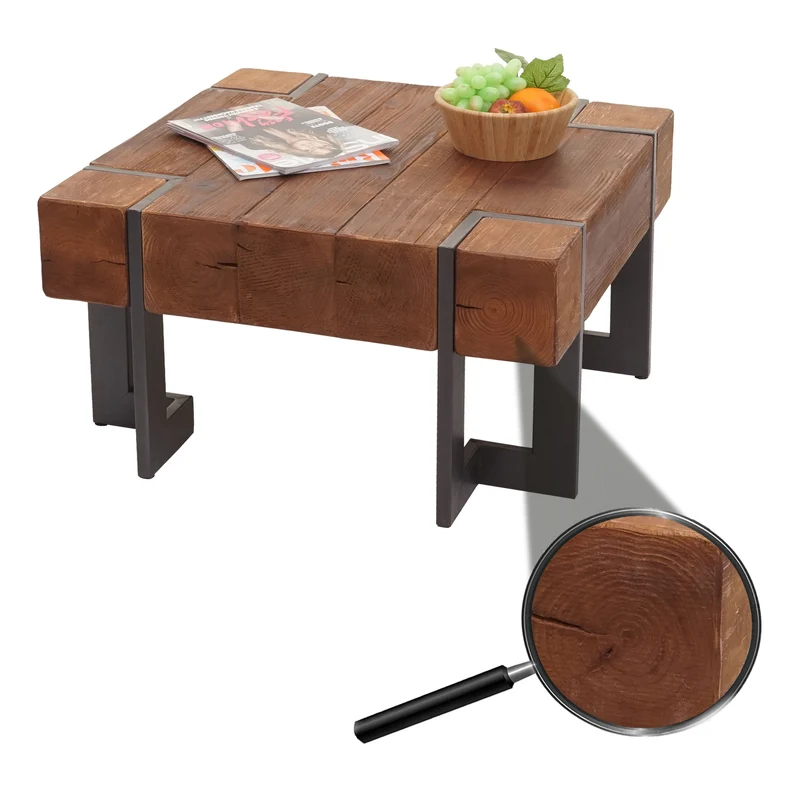 Table basse table de salon en bois de sapin marron pieds en métal 70 x 70 cm 04_0008418