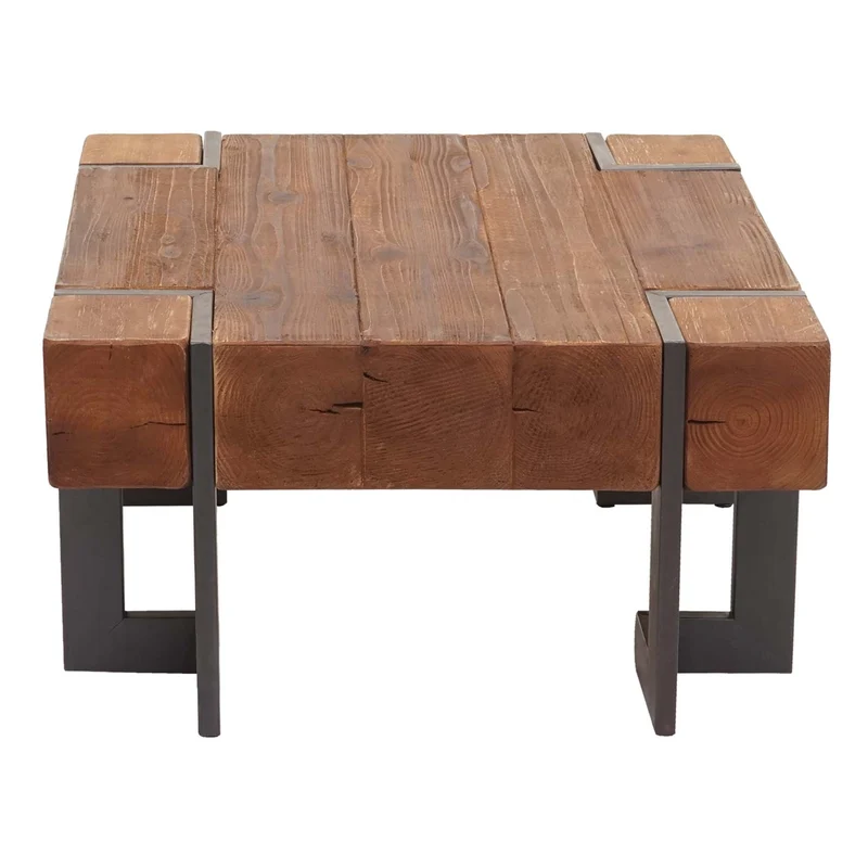 Table basse table de salon en bois de sapin marron pieds en métal 70 x 70 cm 04_0008418