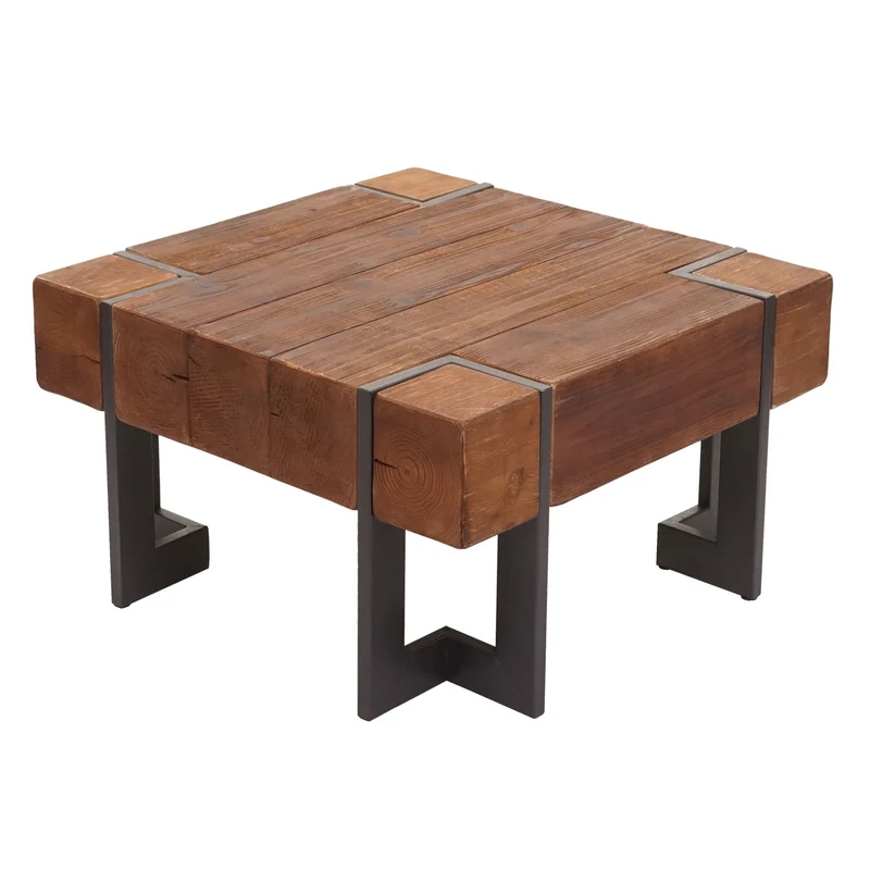 Table basse table de salon en bois de sapin marron pieds en métal 70 x 70 cm 04_0008418
