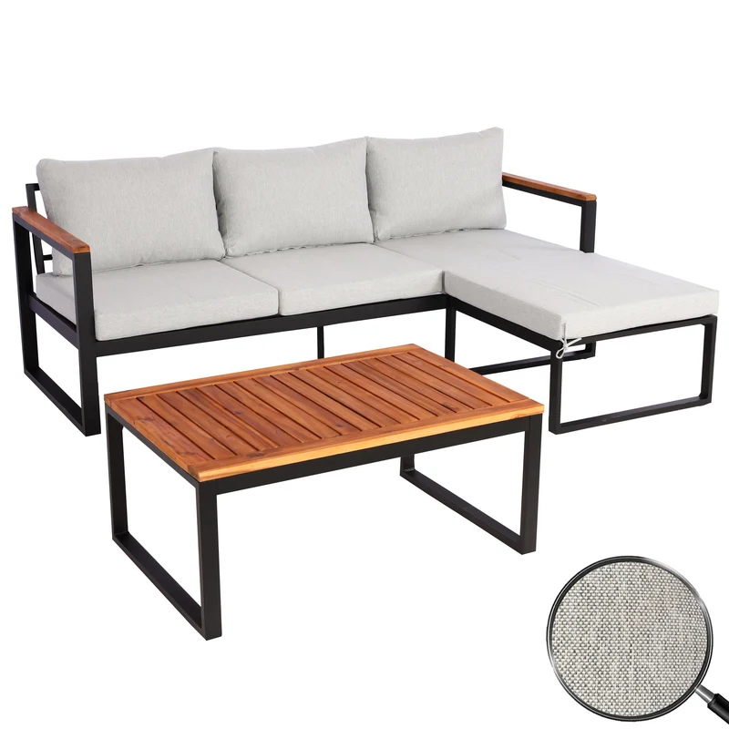 Salon de jardin canapé table aluminium et bois d'acacia avec coussins gris clair 04_0008312