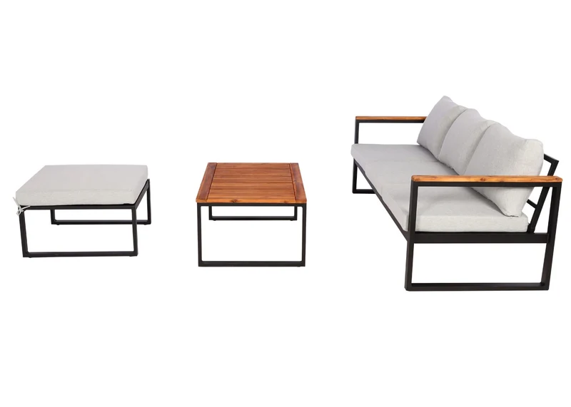Salon de jardin canapé table aluminium et bois d'acacia avec coussins gris clair 04_0008312