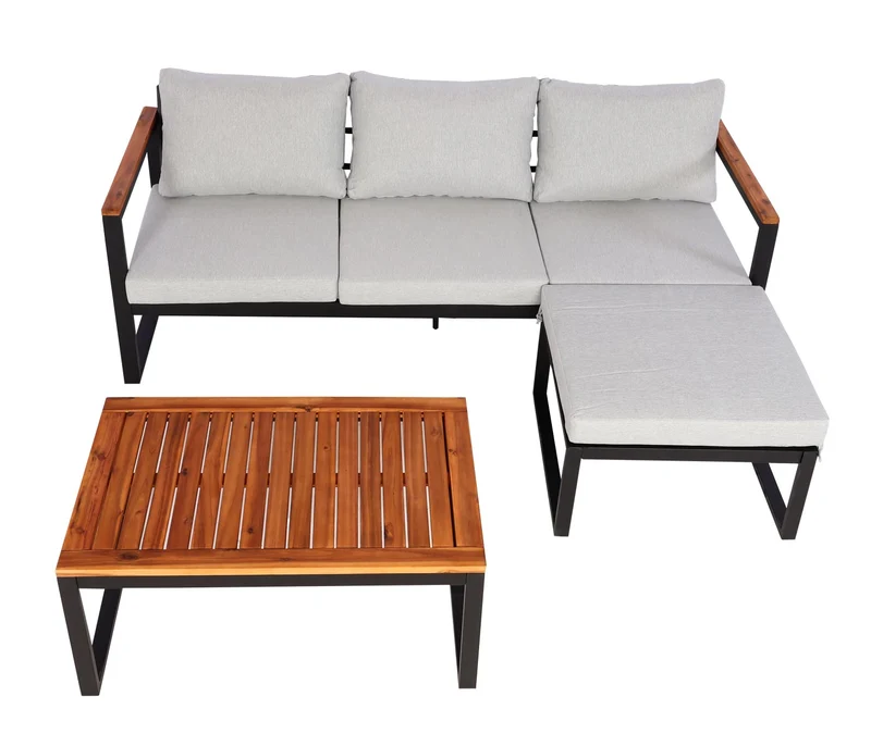 Salon de jardin canapé table aluminium et bois d'acacia avec coussins gris clair 04_0008312