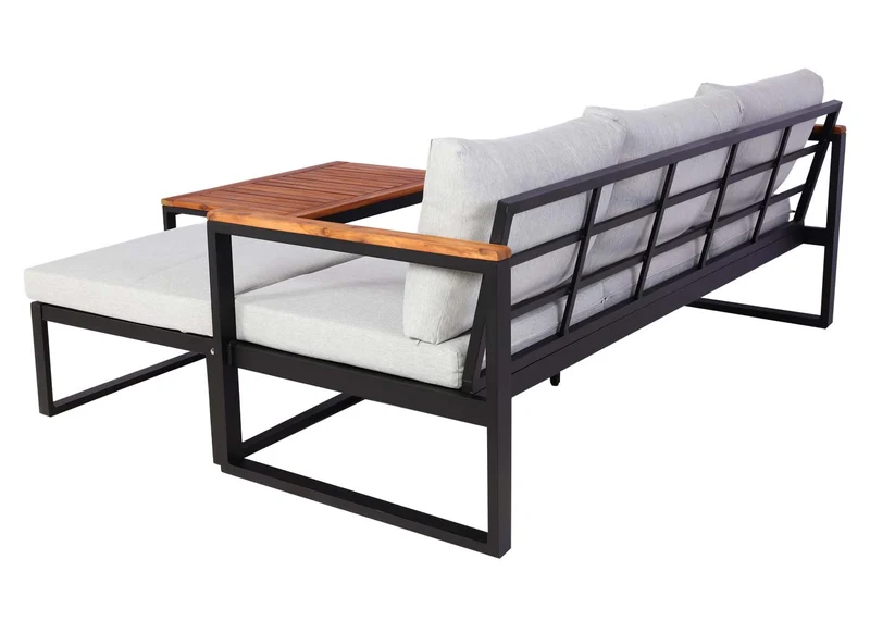 Salon de jardin canapé table aluminium et bois d'acacia avec coussins gris clair 04_0008312