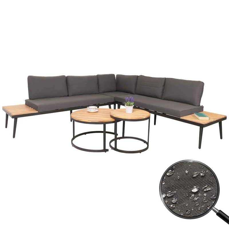 Salon de jardin avec deux tables d'appoint en bois d'acacia acier et coussins gris foncé 04_0008306