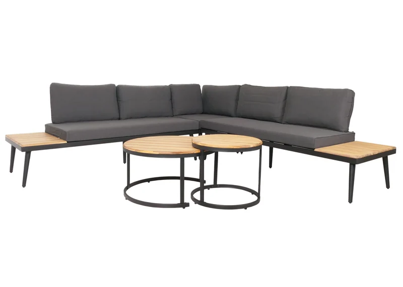 Salon de jardin avec deux tables d'appoint en bois d'acacia acier et coussins gris foncé 04_0008306