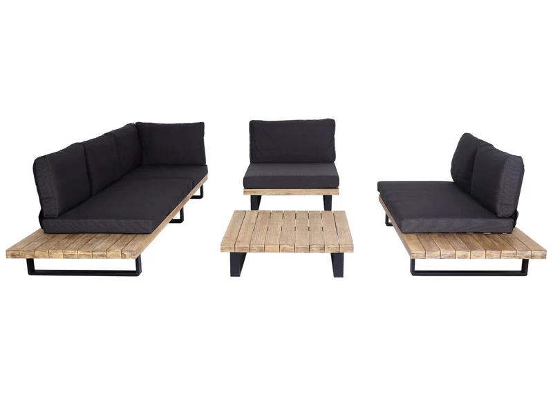 Salon de jardin avec fauteuil canapé en bois d'acacia aluminium marron clair revêtement gris foncé 04_0008297