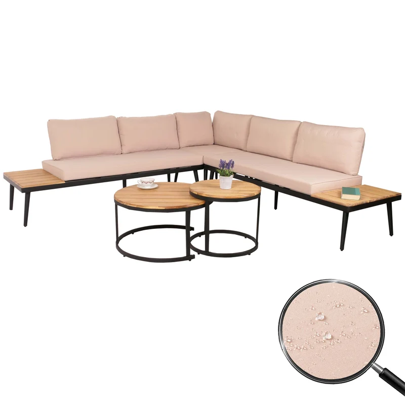 Salon de jardin avec deux tables d'appoint en bois d'acacia marron clair et coussin beige 04_0008304