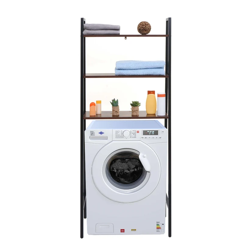 Étagère sur pied salle de bain rangement machine à laver échelle industrielle en métal et bois 155x64x25 cm 04_0008692