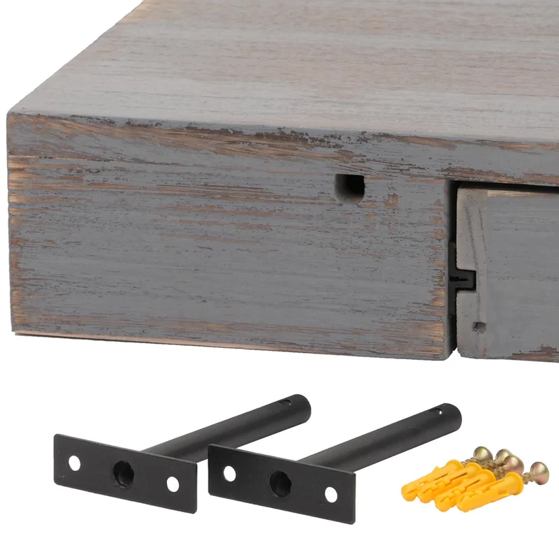 Étagère murale suspendue avec tiroir de rangement 8x80x25 cm en bois gris vieilli 04_0008652