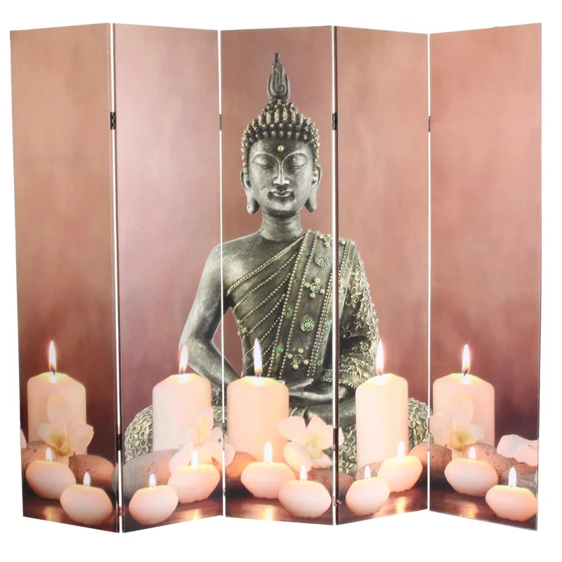 Paravent 5 panneaux avec led design bouddha cloison séparateur de pièce avec minuterie 180x200 cm 15 led 04_0008630