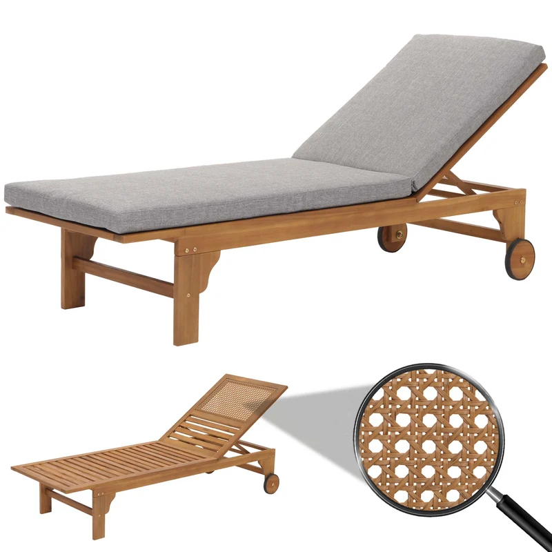 Transat de jardin chaise longue en bois et osier décoratif en polyrotin coussin gris 04_0008608