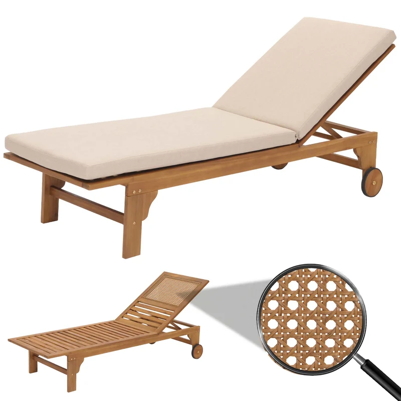 Transat de jardin chaise longue en bois et osier décoratif en polyrotin coussin crème-beige 04_0008607
