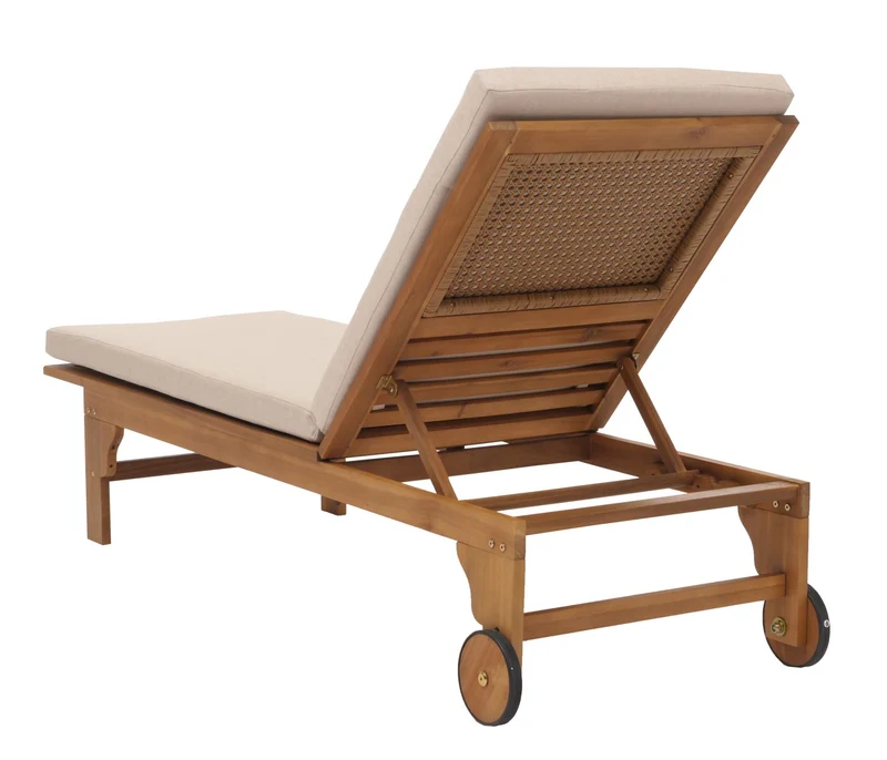 Transat de jardin chaise longue en bois et osier décoratif en polyrotin coussin crème-beige 04_0008607