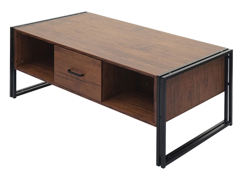 Table basse deux tiroirs et quatre compartiments de rangement 45x110x60 cm MDF en métal aspect chêne sauvage 04_0008425