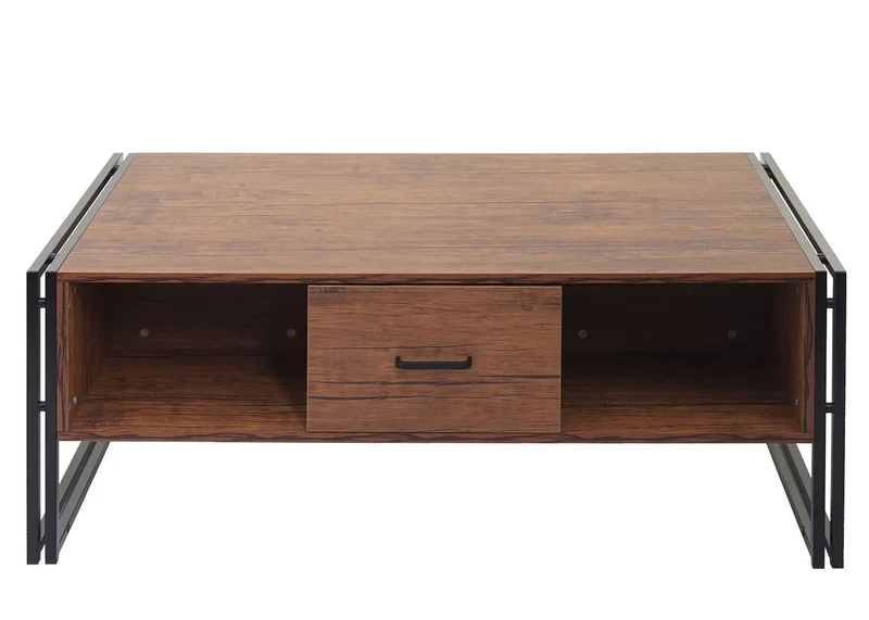 Table basse deux tiroirs et quatre compartiments de rangement 45x110x60 cm MDF en métal aspect chêne sauvage 04_0008425
