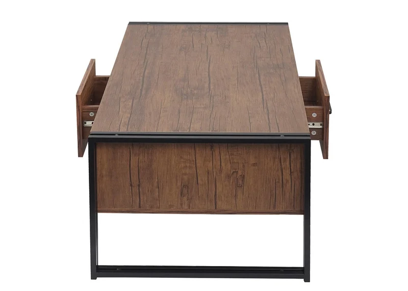 Table basse deux tiroirs et quatre compartiments de rangement 45x110x60 cm MDF en métal aspect chêne sauvage 04_0008425