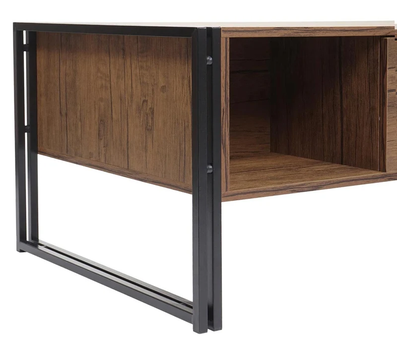 Table basse deux tiroirs et quatre compartiments de rangement 45x110x60 cm MDF en métal aspect chêne sauvage 04_0008425