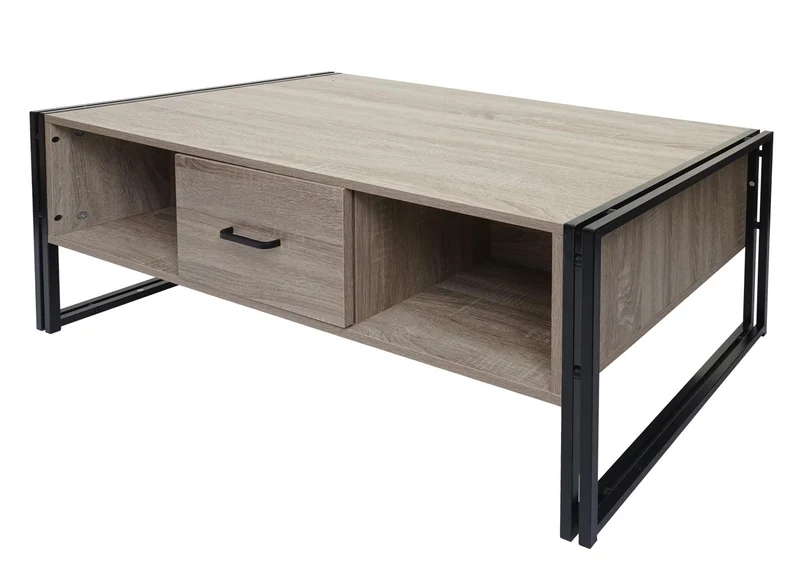 Table basse deux tiroirs et quatre compartiments de rangement 45x110x60 cm MDF aspect chêne et métal 04_0008424
