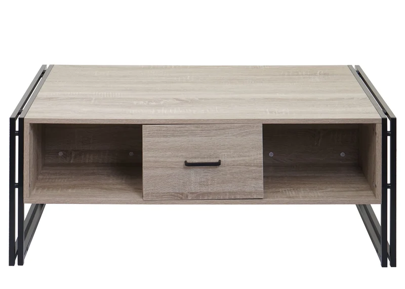 Table basse deux tiroirs et quatre compartiments de rangement 45x110x60 cm MDF aspect chêne et métal 04_0008424