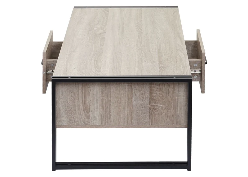 Table basse deux tiroirs et quatre compartiments de rangement 45x110x60 cm MDF aspect chêne et métal 04_0008424