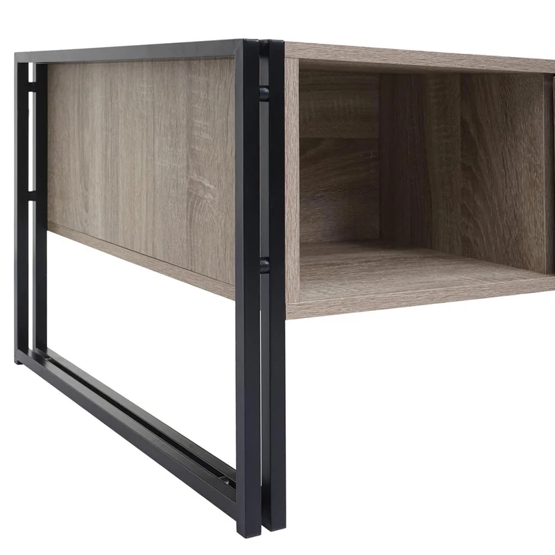 Table basse deux tiroirs et quatre compartiments de rangement 45x110x60 cm MDF aspect chêne et métal 04_0008424