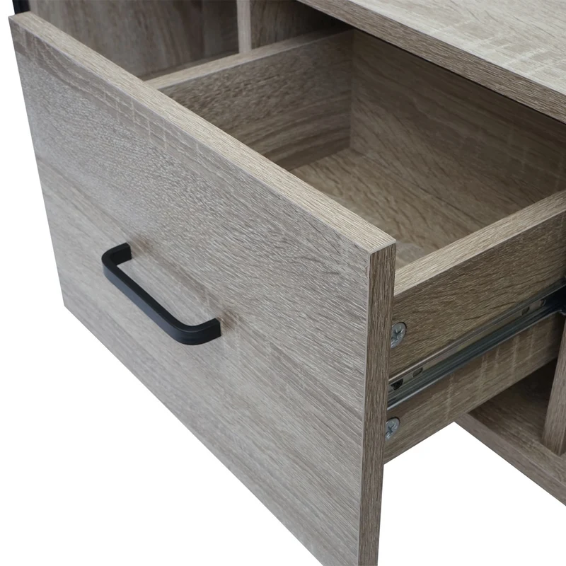 Table basse deux tiroirs et quatre compartiments de rangement 45x110x60 cm MDF aspect chêne et métal 04_0008424