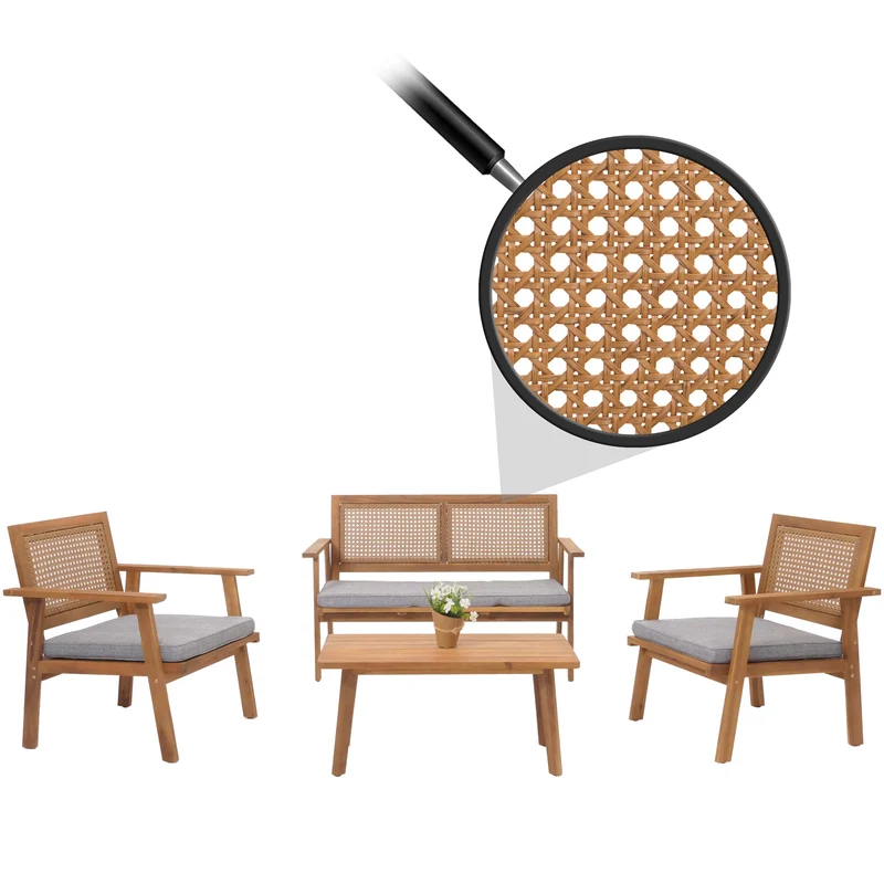 Salon de jardin avec table banc et 2 chaises bois et polyrotin coussins gris 04_0008325