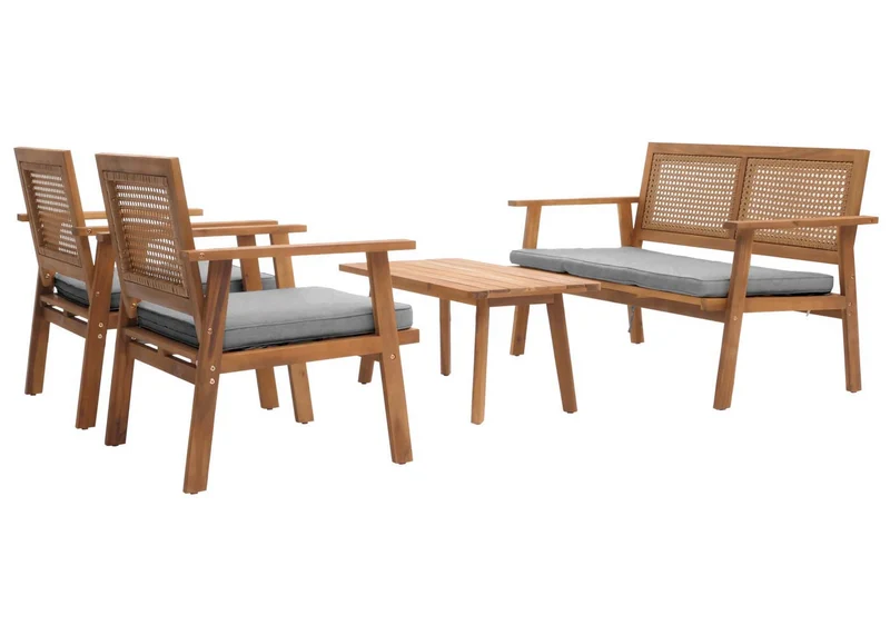 Salon de jardin avec table banc et 2 chaises bois et polyrotin coussins gris 04_0008325