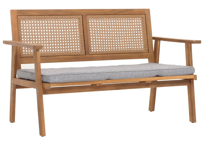 Salon de jardin avec table banc et 2 chaises bois et polyrotin coussins gris 04_0008325