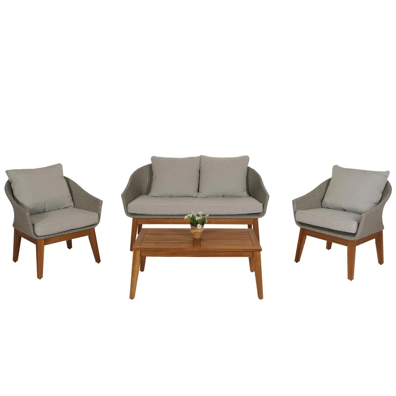 Salon de jardin canapé fauteuils et table en poly rotin et bois d'acacia avec coussins gris 04_0008323