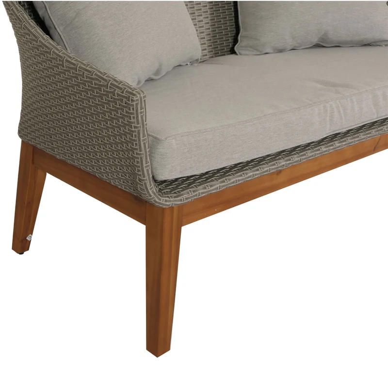 Salon de jardin canapé fauteuils et table en poly rotin et bois d'acacia avec coussins gris 04_0008323