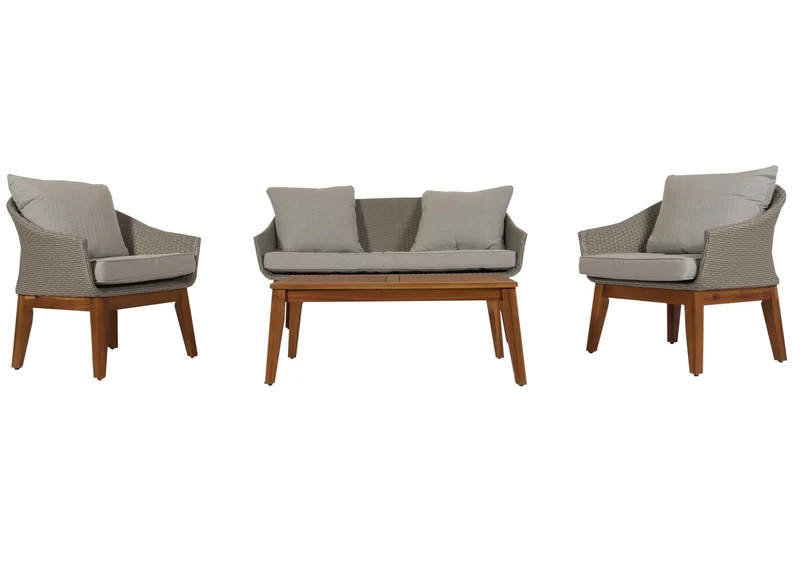 Salon de jardin canapé fauteuils et table en poly rotin et bois d'acacia avec coussins gris 04_0008323
