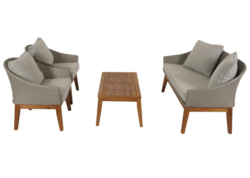 Salon de jardin canapé fauteuils et table en poly rotin et bois d'acacia avec coussins gris 04_0008323