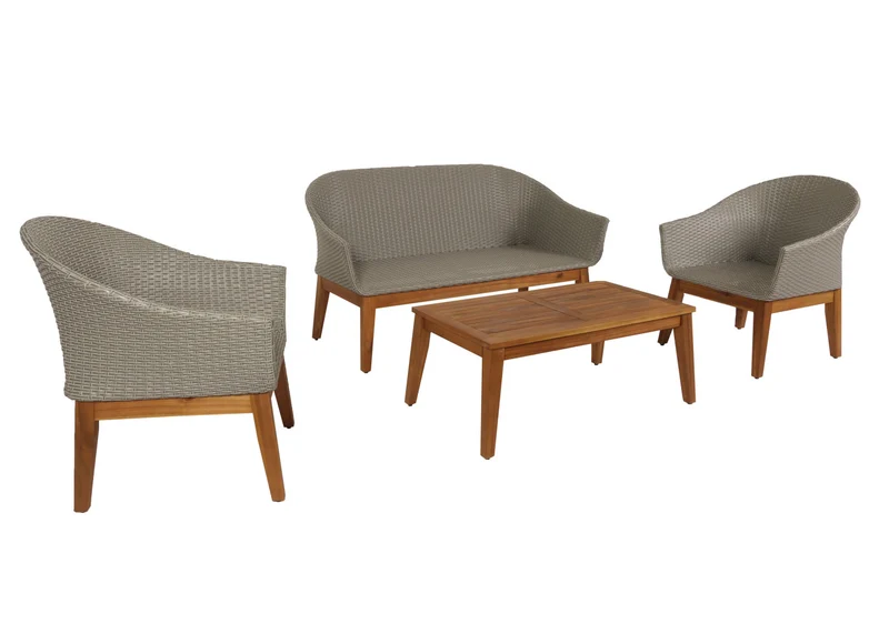Salon de jardin canapé fauteuils et table en poly rotin et bois d'acacia avec coussins gris 04_0008323