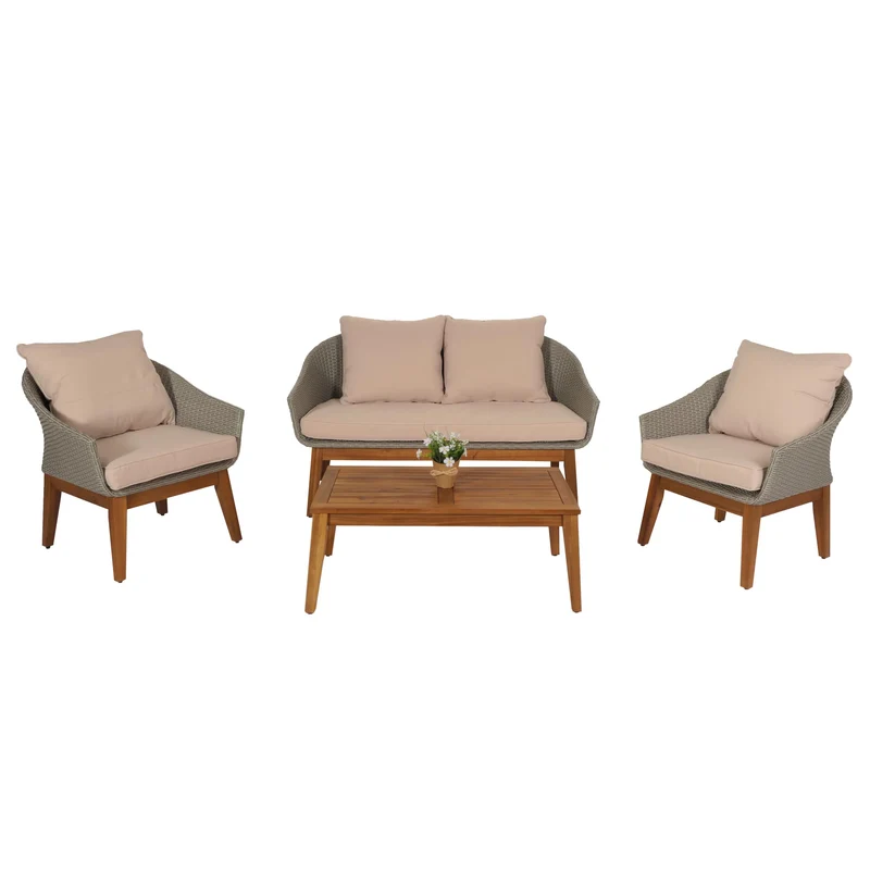 Salon de jardin canapé fauteuils et table en poly rotin et bois d'acacia avec coussins beige 04_0008322